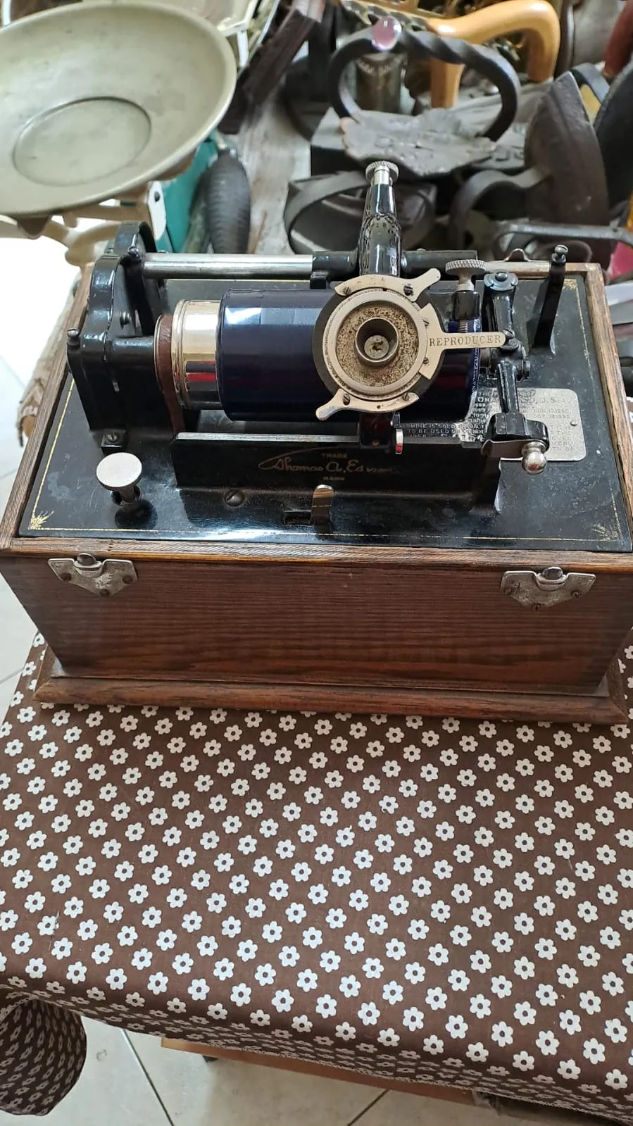 Fonografo a cilindro Thomas A. Edison nella cassetta in quercia con riproduttore in metallo